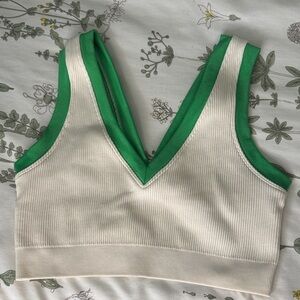Aerie Green and White V-Neck Stretchy Athletic Crop Top